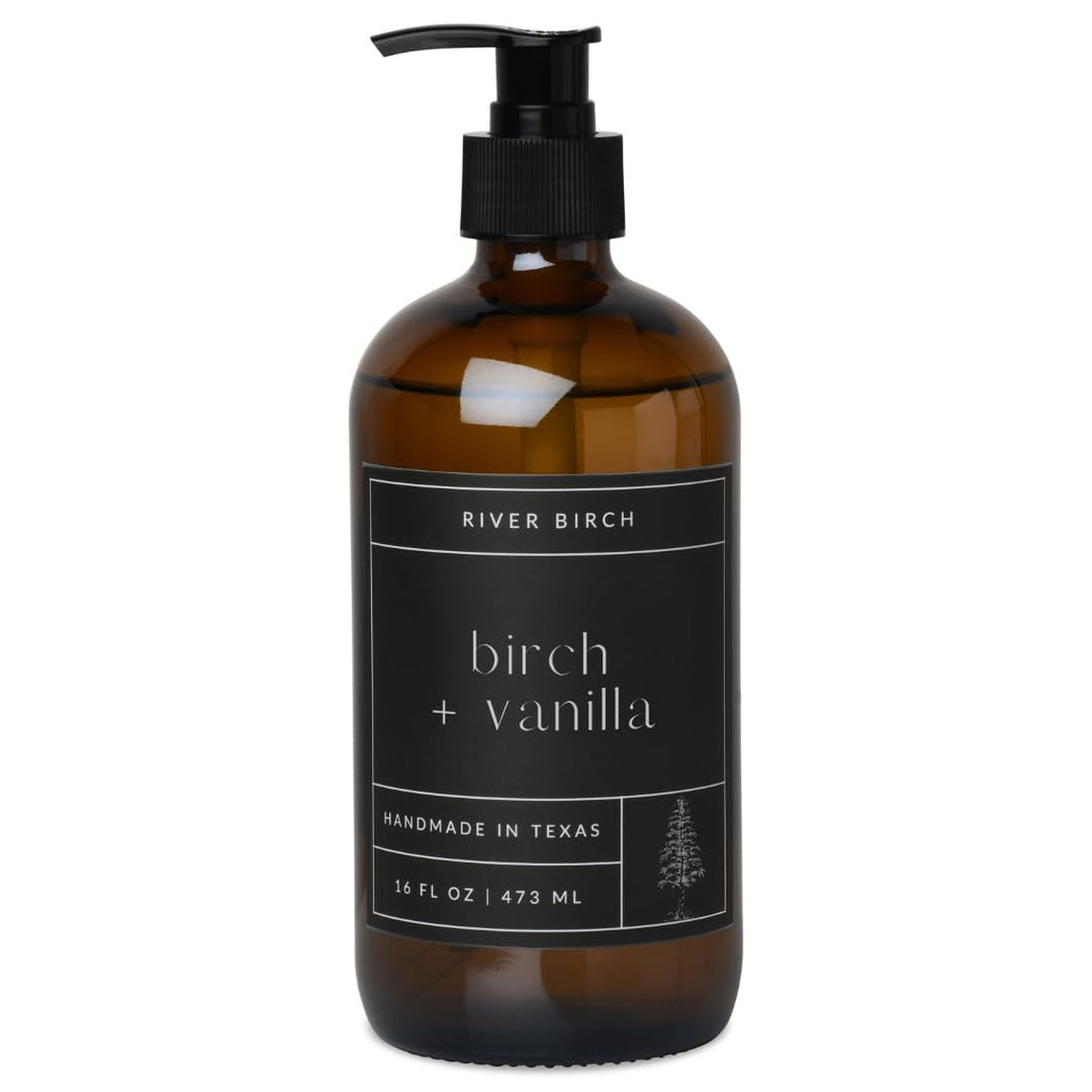 River Birch Birch + Vanilla Scented Natural Hand Soap - Handmade Soap - Moisturizing Hand Wash with Amber Glass Dispenser - Luxury Scented Hydrating Hand Soap - Vegan and Non-Toxic -16 Fl Oz