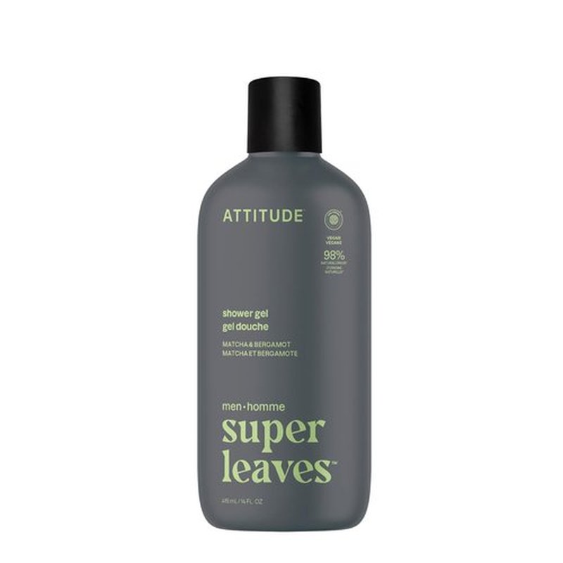 ATTITUDE Shower Gel - Men's Body Wash with 98% Natural Ingredients | Matcha & Bergamot, 14 Fl Oz