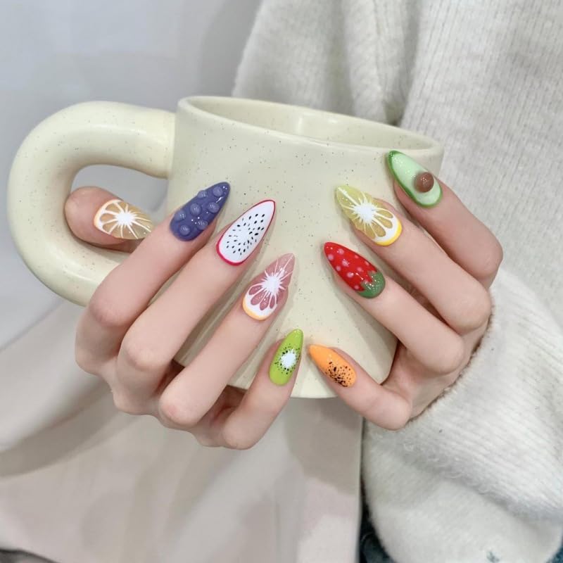 Wsliana Handmade Press On Nails - Medium Almond False Nail Tips, 3D Fruit Design, 10pcs Reusable Glue On Acrylic Fake Nails, Long-Lasting, Easy Fit | Fashionable Nail Kit | Natural Look (076, M)