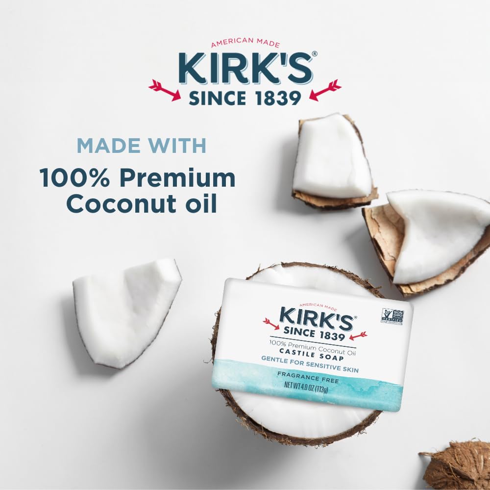 Kirk's Castile Bar Soap for Men, Women & Children - Made with Premium Coconut Oil, Sensitive Skin Formula, Vegan, Non GMO, Fragrance Free, 4 oz. Bars, 24 Pack
