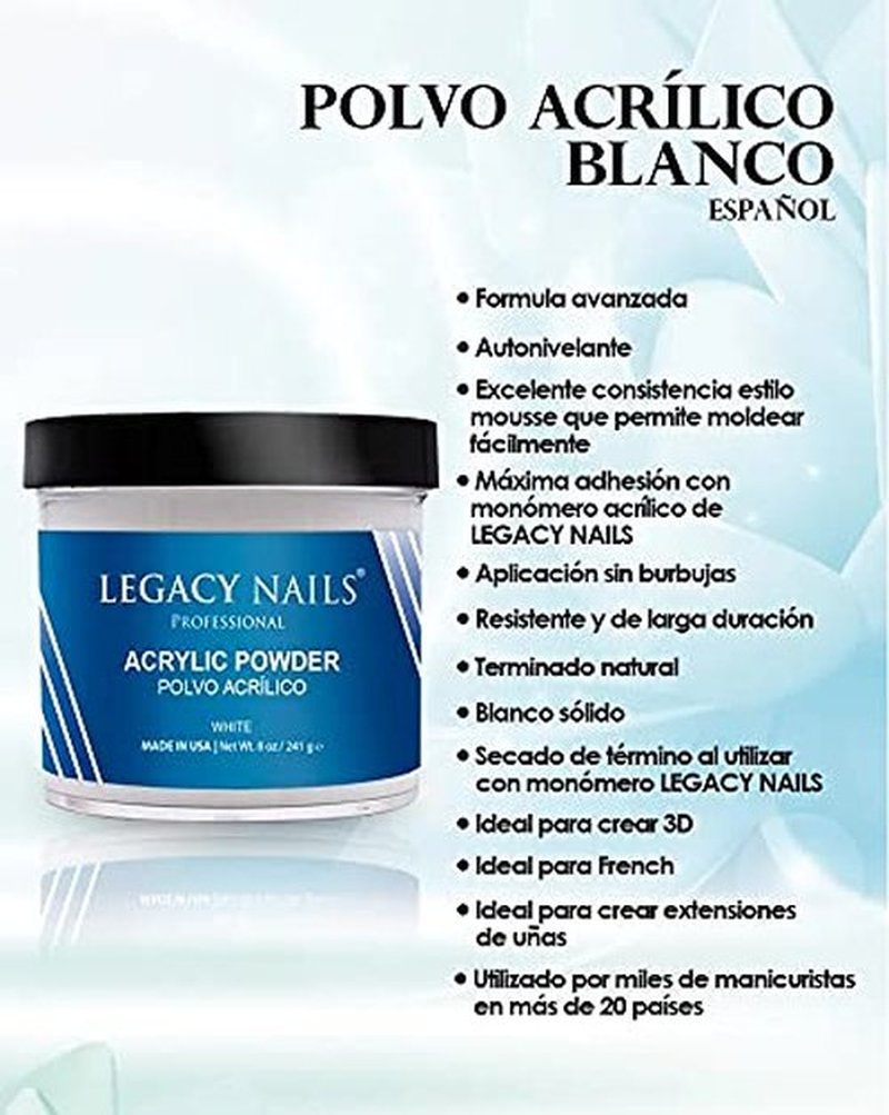 Legacy Nails White Acrylic Powder - 4oz | High-Quality Fast-Drying Formula for Salon-Grade Nail Extensions