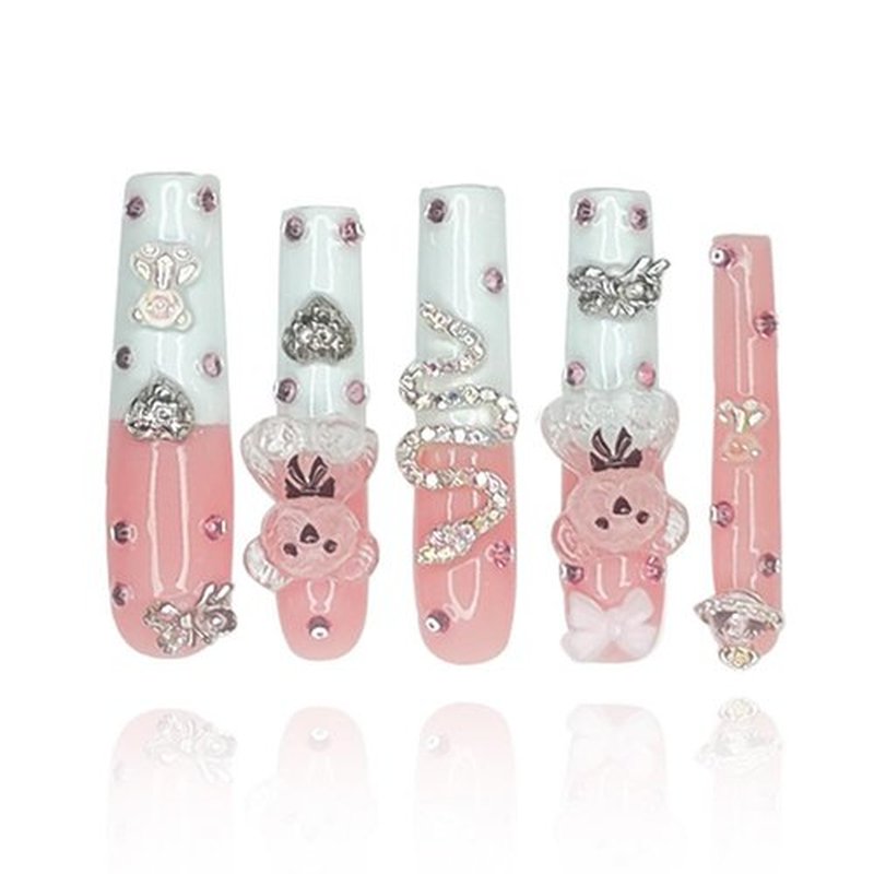 GGddsha 2025 Long Pmma Acrylic Handmade Nail Design Novelty with Rhinestone Bear Love Snake Design Glossy Nail, Reusable Nail Set with Box Gift for Women (White-pink, M)