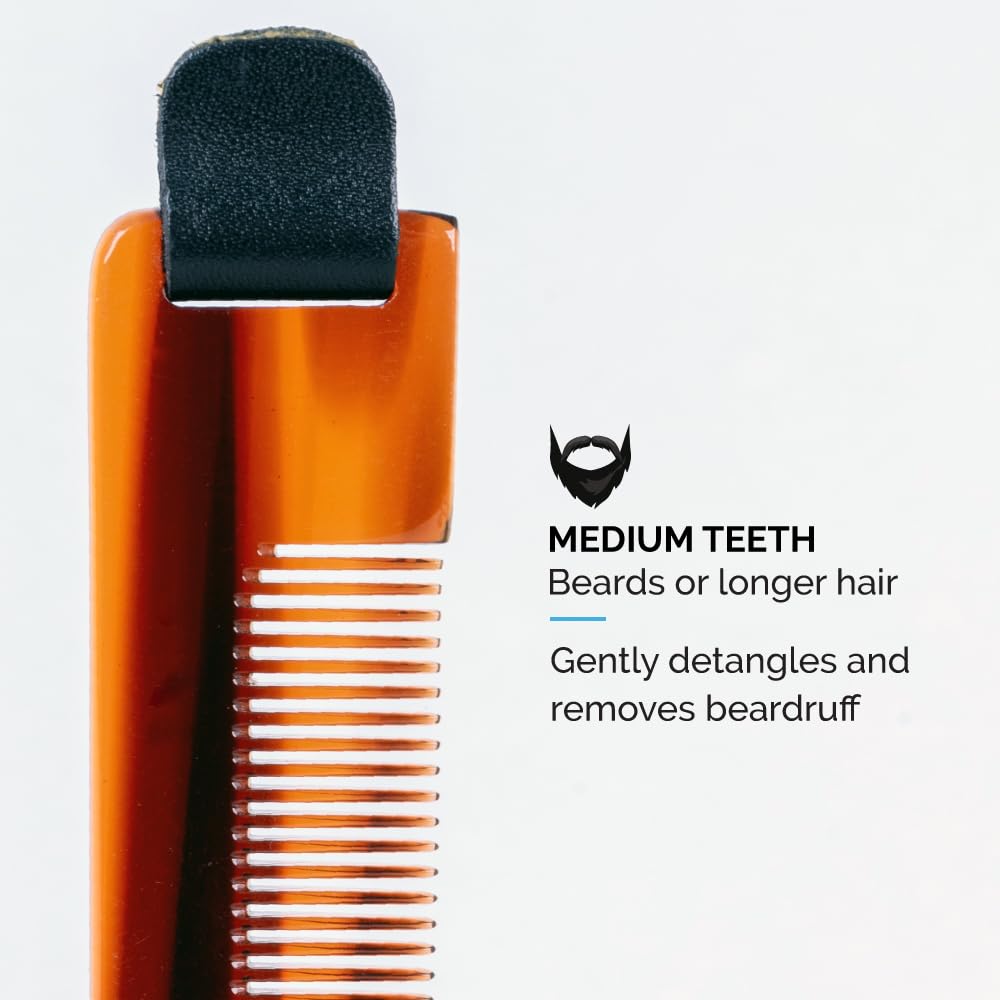ZEUS Pocket Beard Comb with Leather Sheath, Handmade Saw‑Cut Travel Comb