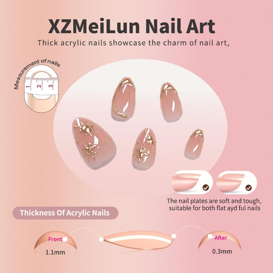 XZMeiLun Short Almond Press on Nails with French Tip & 3D Gold Line Star Design, Glossy Full Cover Acrylic False Nails with Glue, Reusable Stick - Glue on Fake Nails for Women- Fall Nail Art Gift