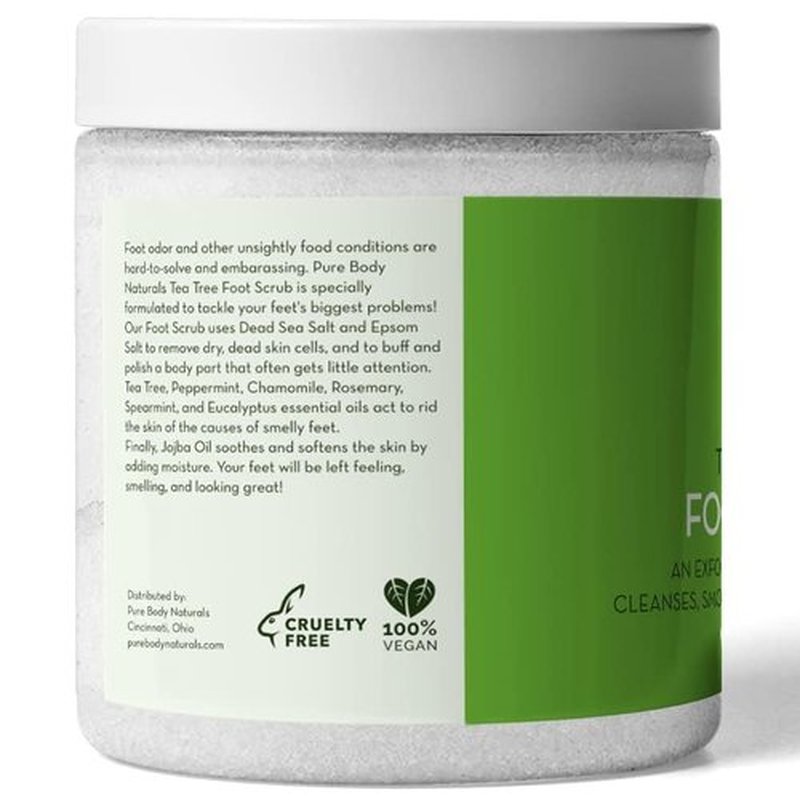 Pure Body Naturals Tea Tree Oil Foot Scrub, 12 ounces - Cleanses and Exfoliates - Attacks the Cause of Smelly Feet - Great for Athletes