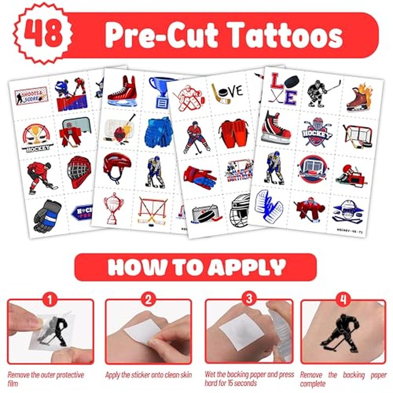 72-Piece Ice Hockey Party Favors Set Temporary Tattoos (48PCS) and Slap Bracelets (24PCS) - Perfect for Themed Birthday Parties, Baby Showers, Classroom Rewards, and Gifts for Kids