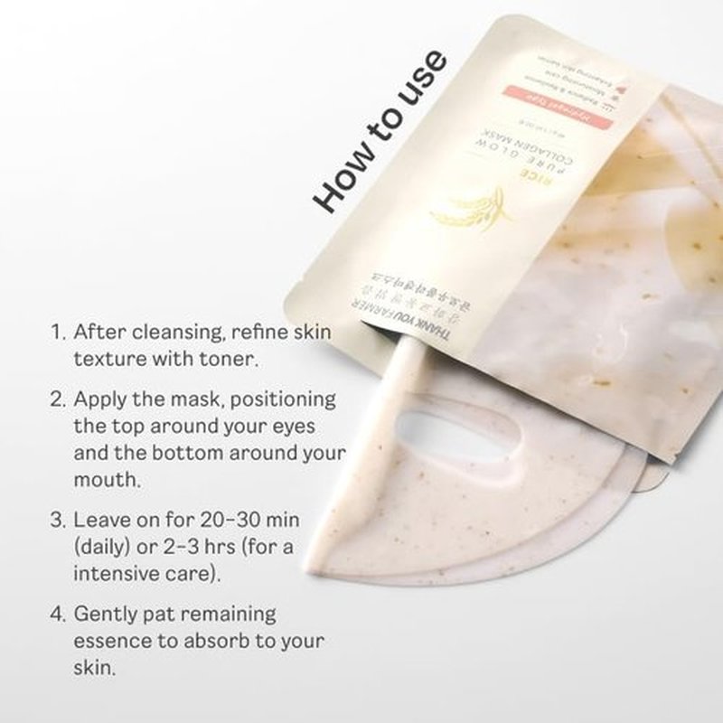 THANKYOU FARMER Rice Pure Glow Collagen Mask 4ea - Korean Collagen Face Mask Overnight, Hydrogel Skin Elasticity Plumping