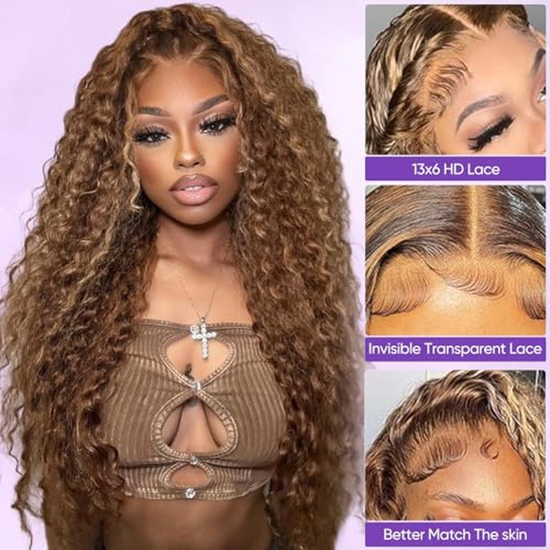 Harmsh 30inch Highlight Ombre Lace Front Wig Human Hair Deep Wave 13x6 HD Honey Blonde Lace Frontal Wigs P4/27 Curly Human Hair Wig Glueless Wigs Human Hair