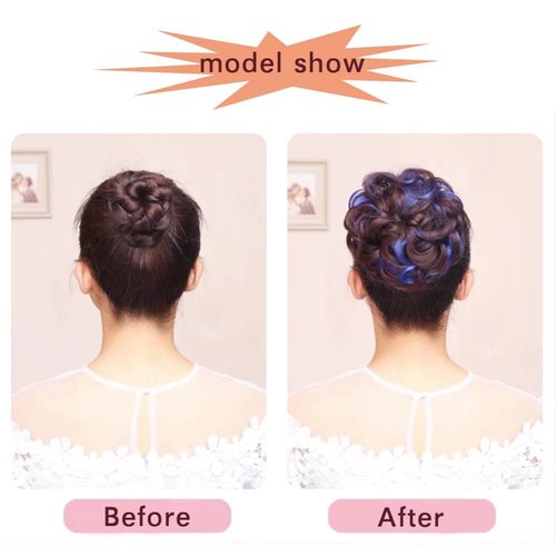 iLUU Dark Brown Highlight with Hot Pink Messy Fake Hair Bun Extensions Instant Synthetic Chignons Hair Scrunchie Scrunchy Updo Hairpiece Ponytail for Women, 2pcs/pack