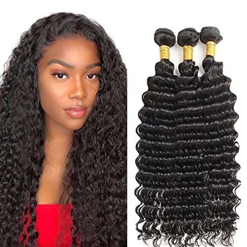 Wahairse Human Hair Bundles 1B Deep Wave Bundles Natural Color Human Hair Unprocessed Brazilian Virgin 3 Bundles Quick Weave Human Hair Extensions 300g (1B# Deep Wave, 14 16 18)
