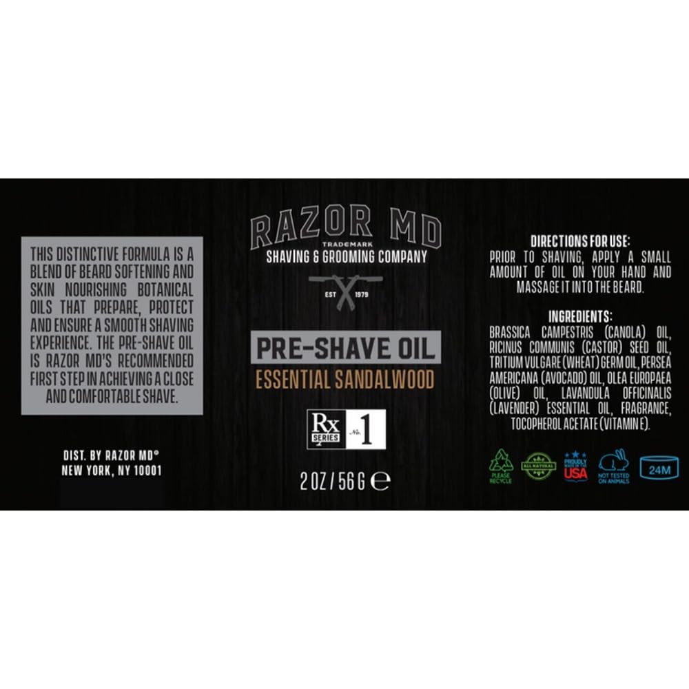Razor MD Pre Shave Beard Oil for Men with Sensitive Skin, Every Day Shaving Tools for Men, Sandalwood Scent, 2 fl oz