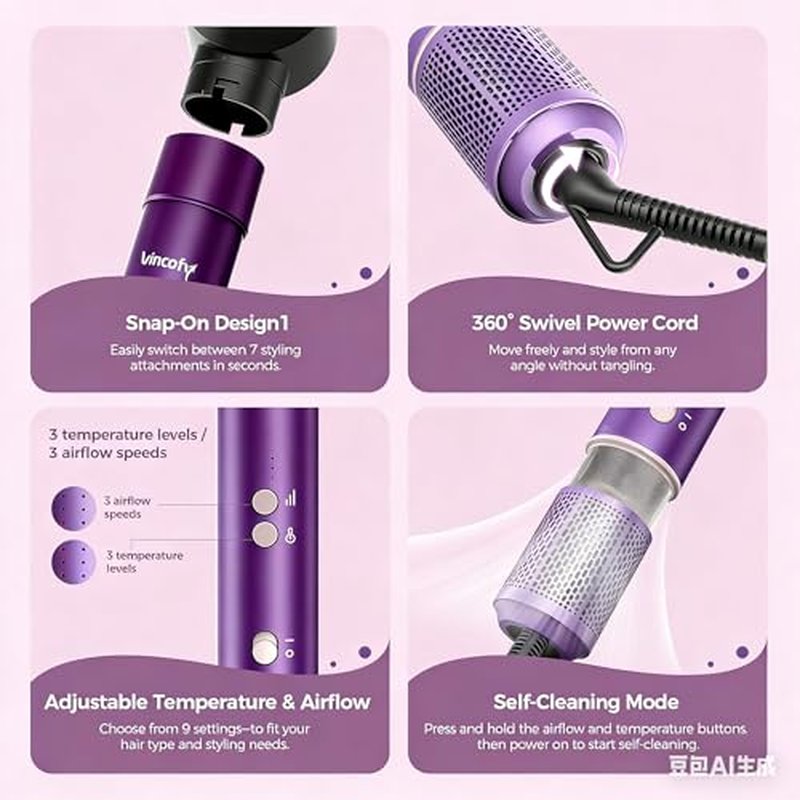 Vincofy 7-in-1 Hair Dryer Brush and 1500W Hair Styler Set – Fast Drying, Curling, Straightening & Volumizing – Hot Air Styling Tool with No Heat Damage – for All Hair Types – Purple