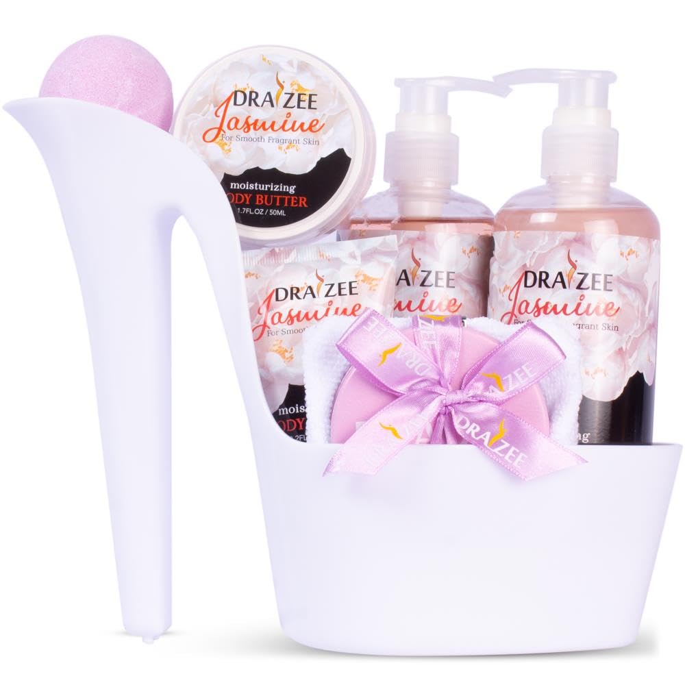 Mother’s Day Gift Baskets for Women, 8 Pc Jasmine Scented Spa Gift Set, Heel Shoe Bath Basket, Luxury Bath and Body Set, Self Care Kit for Mom, Home Spa Gift for Her by Draizee