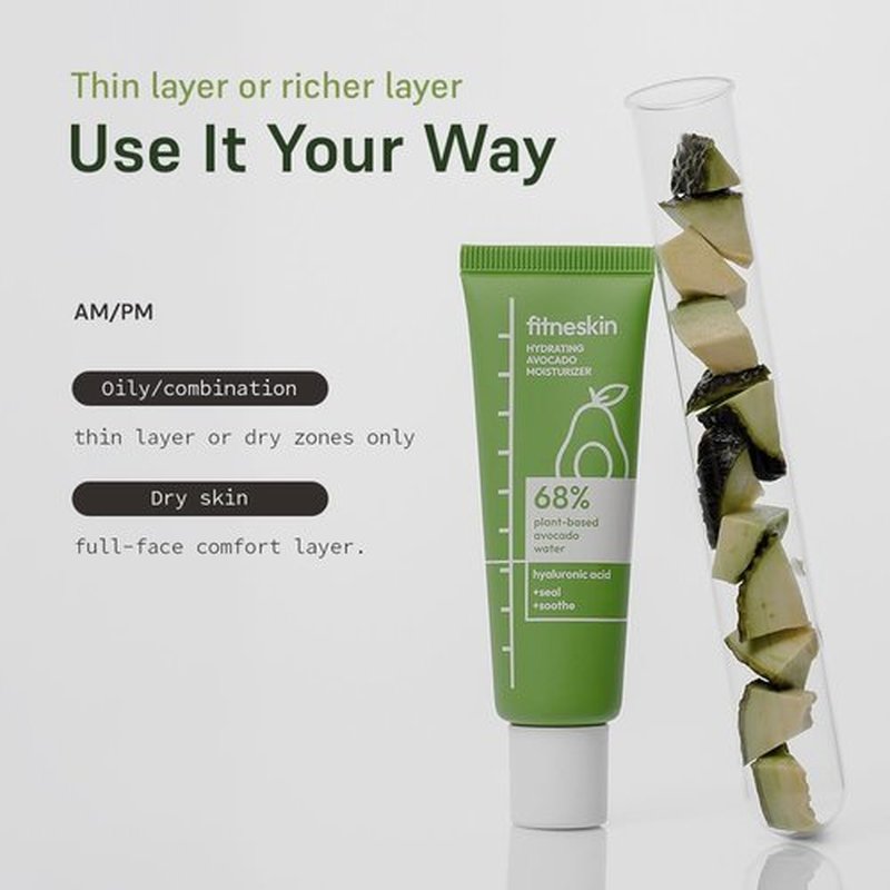 fitneskin Hydrating Avocado Moisturizer, 1.7 Fl Oz (50ml) – Avocado Fruit Water + Hyaluronic Acid, Vitamin B3 & Pro-Vitamin B5 – Creamy-Soft Barrier Hydration, Fragrance-Free, Vegan Korean Skincare