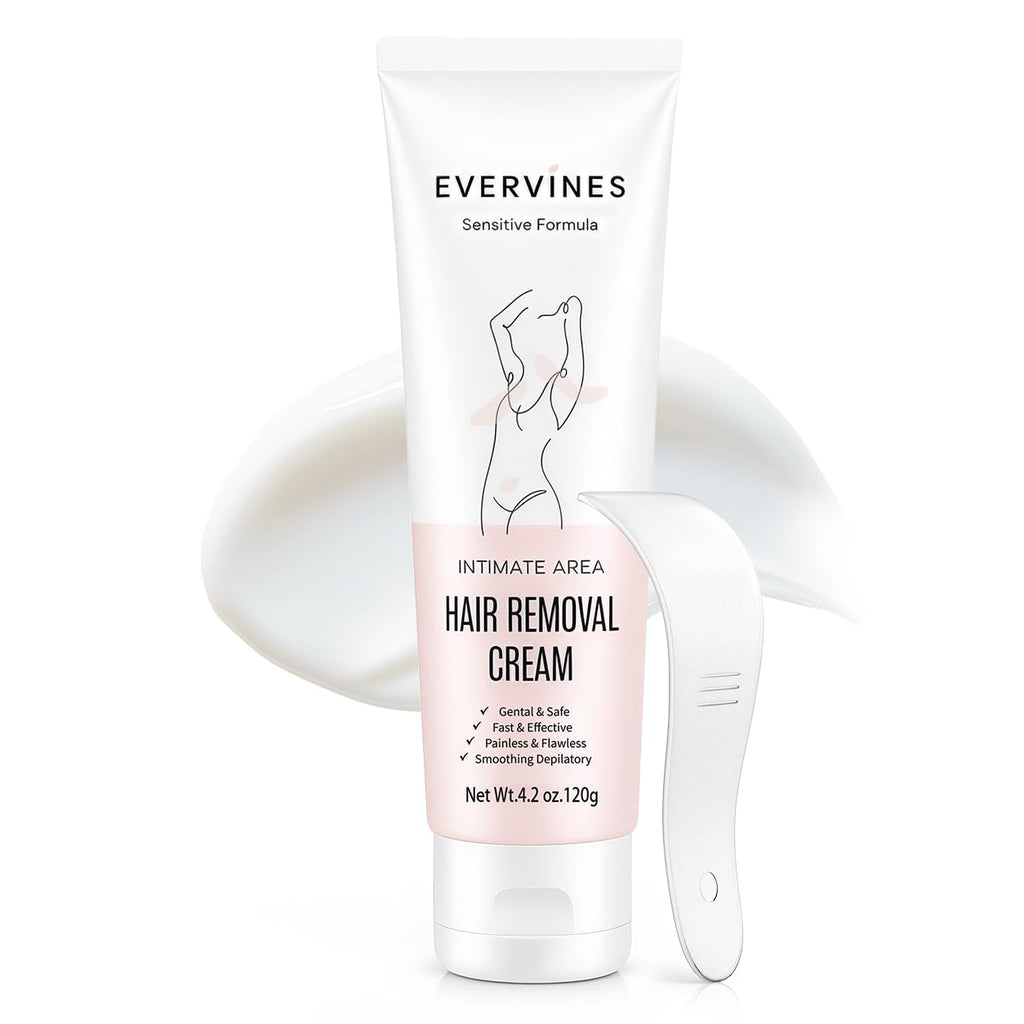 Evervines Hair Removal Cream for Women: Bikini Line Intimate Area Depilatory for Face Legs and Underarms - Gentle Formula for Home and Travel Use - Includes Scraper (4.2oz)