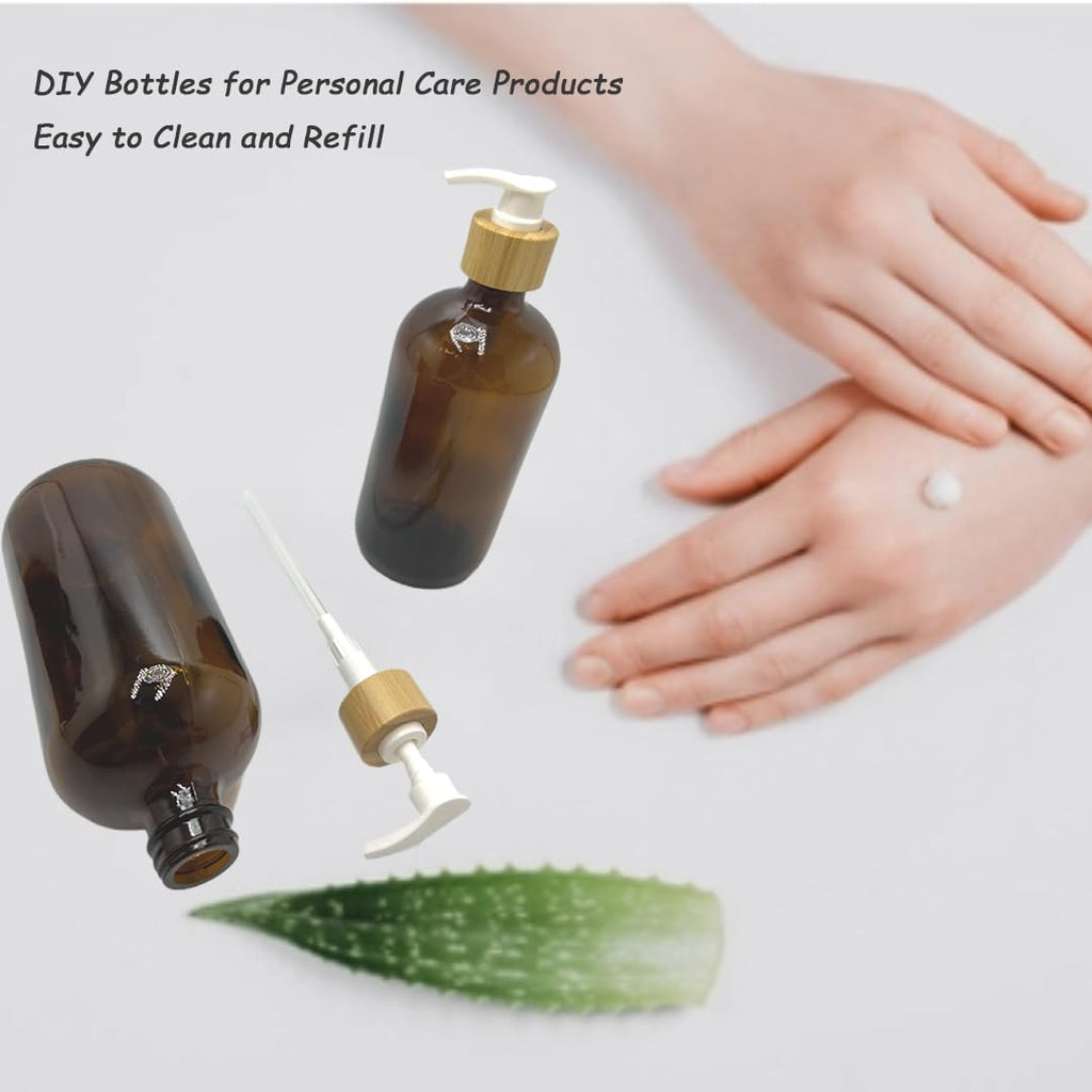 2PCS 500ML/16.6 oz Empty Refillable Brown Glass Pump Bottles Container Holder Vials Pot Storage with Bamboo Screw Pump Head for Bath Shower Shampoo Hair-Conditioner Cleanser Makeup Liquid