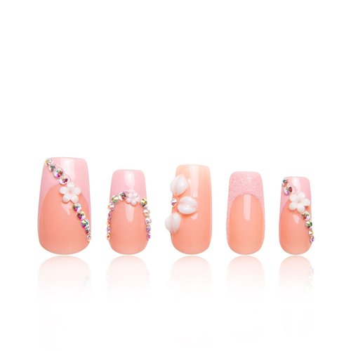 LOVFUL Press on Nails Pink Lady Handmade | Handmade with Full Covered Crystals | Reusable Fake Nails | Square Regular 1.0 in | H281-S