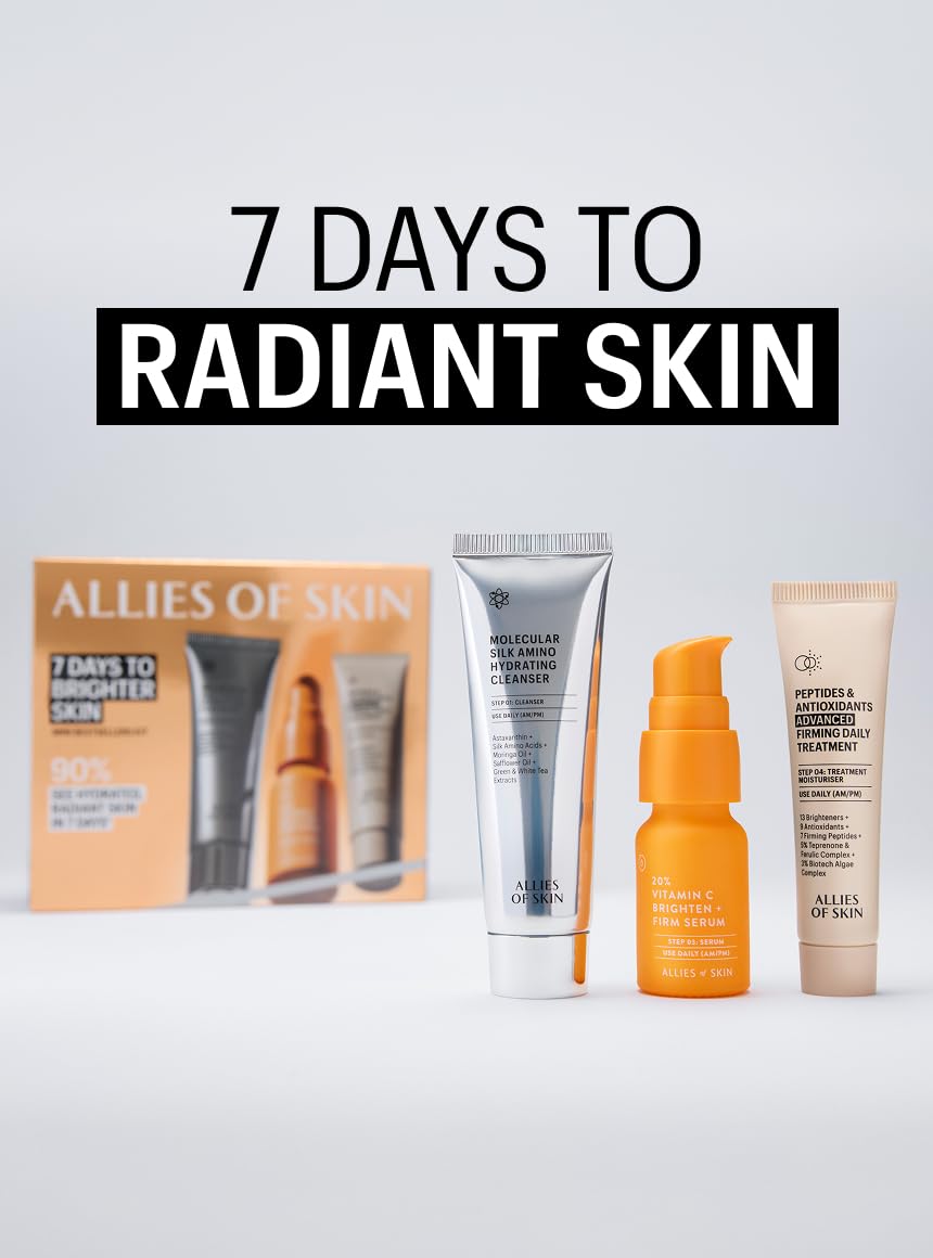 Allies of Skin 7 Days to Brighter Skin Kit - 3-Step Vitamin C Skincare Set with 20% Vitamin C Serum, Amino Acid Cleanser & Peptide Moisturizer