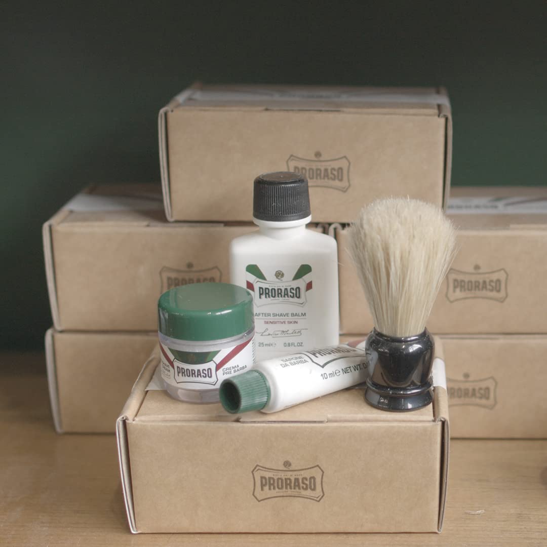 Proraso Travel Sized Shaving Kit for Men | Pre-Shave Cream, Shaving Cream, After Shave Balm & Boar-Bristle Brush for All Skin Types