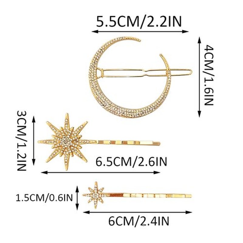 BARTOSI Moon Star Hair Clips Gold Stars Hair pins Crystal Celestial Hair Accessories for Women and Girls (Pack of 3)