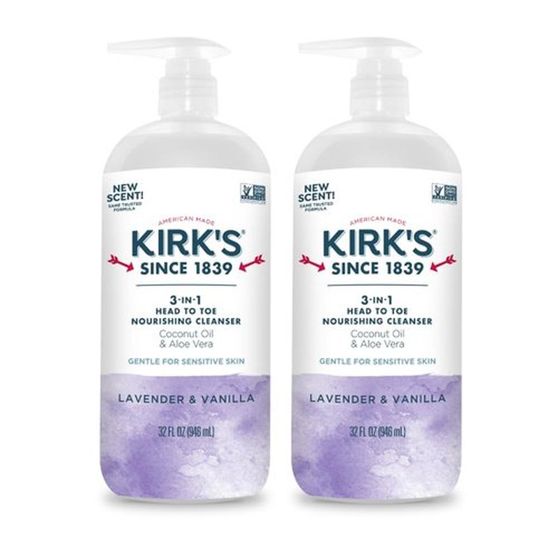 Kirk's 3-in-1 Head to Toe Nourishing Liquid Cleanser- for Men, Women & Children - Premium Coconut Oil & Aloe Vera- Non GMO & Vegan - Lavender and Vanilla - 32 Fl Oz. - 2 Pack