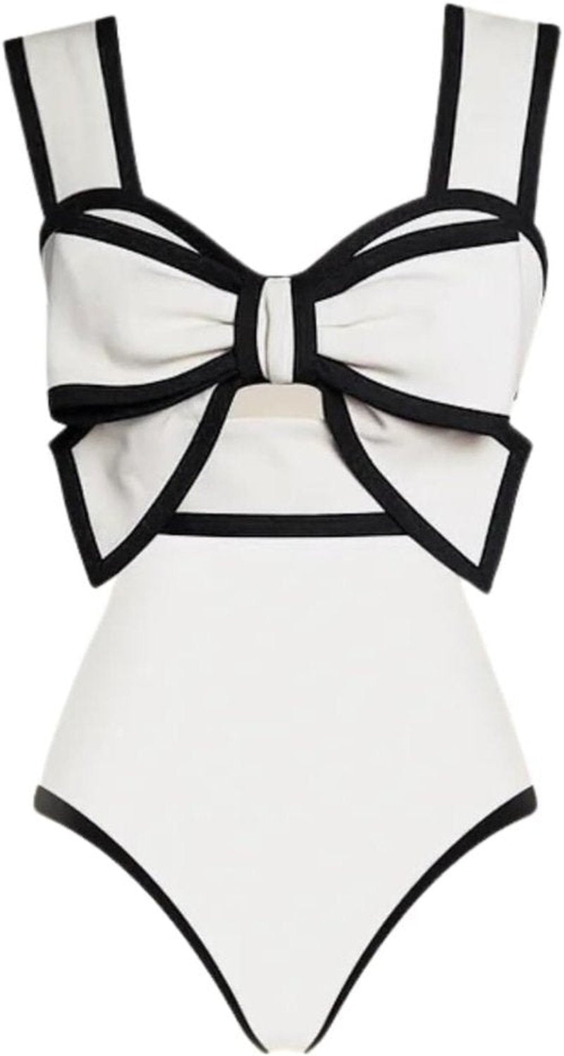 FLAXMAKER One-Piece Swimsuit - Stylish Bow-Tie Decor in Black and White Design