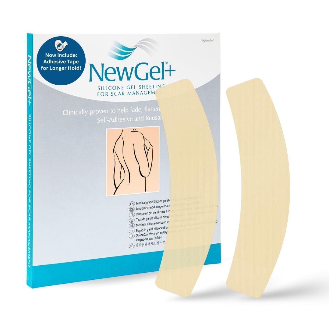NewGel Plus by MyNewGel Advanced Silicone Scar Sheet Strips for C-Section, Abdomen, Surgical Scars, 2 x 8 Ultra Thick, with Adhesive Tape, Beige (2 Pack)