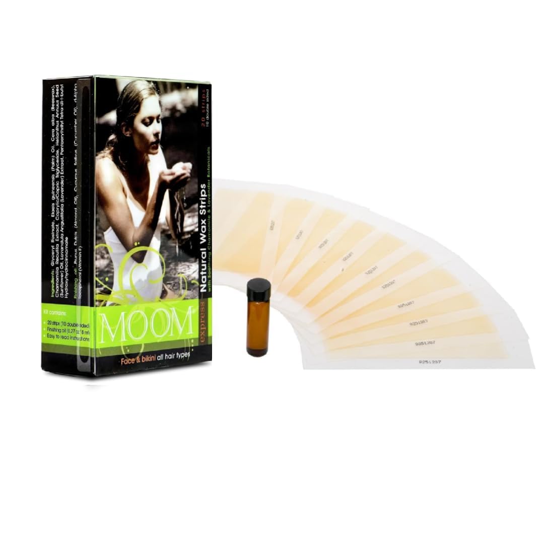 MOOM Express Ready to Use Wax Strips for Hair Removal - Bikini Line & Face Wax Strips - Waxing Strips for women with Chamomile & Lavender and 0.27 Finishing Oil, 10 Dual Sided Strips (20 Count)