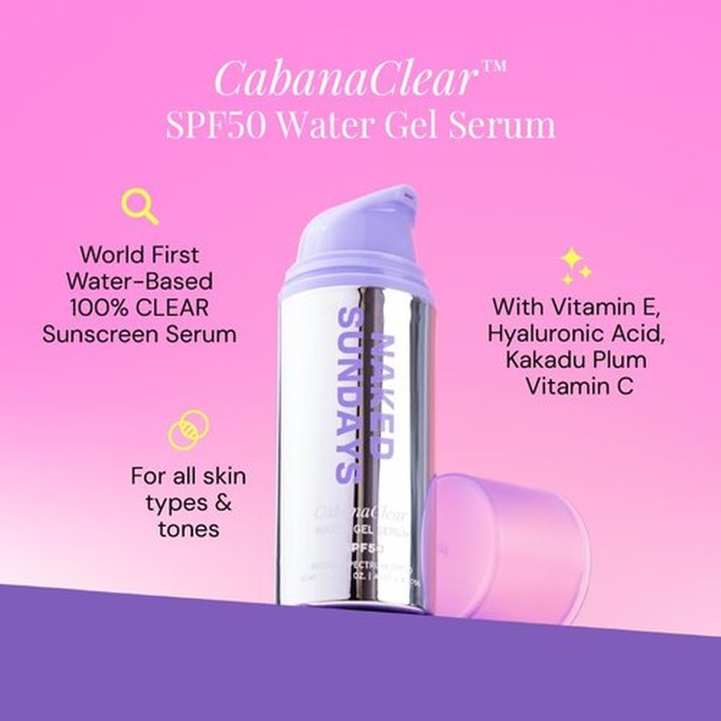 Naked Sundays CabanaClear Facial Suncreen Serum - SPF 50 Invisible Water Gel for Sensitive Skin, Lightweight, Fragrance-Free, Daily Face Sunscreen, 30ml