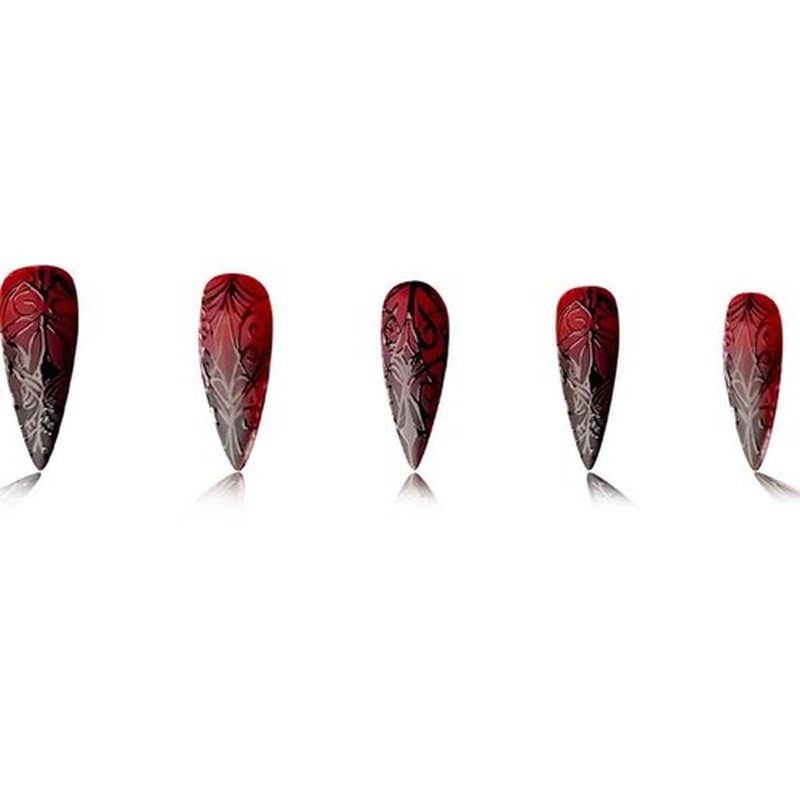 Halloween Press on Nails Medium Stiletto Almond Nails Press ons Black Red Fake Nails Full Cover Glossy Stick on Nail 3D Terror Stripe with Designs Glue on False Nail for Women 24Pcs