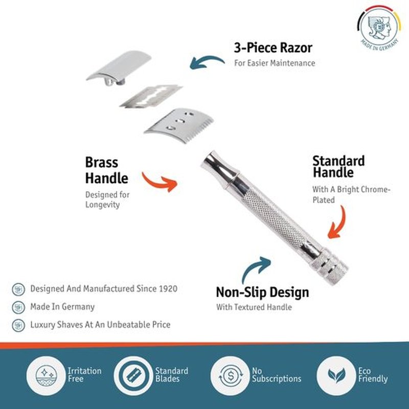 MERKUR 15C Double Edge Safety Razor - Bright Chrome Open Comb Design, Plastic-Free, Made in Germany