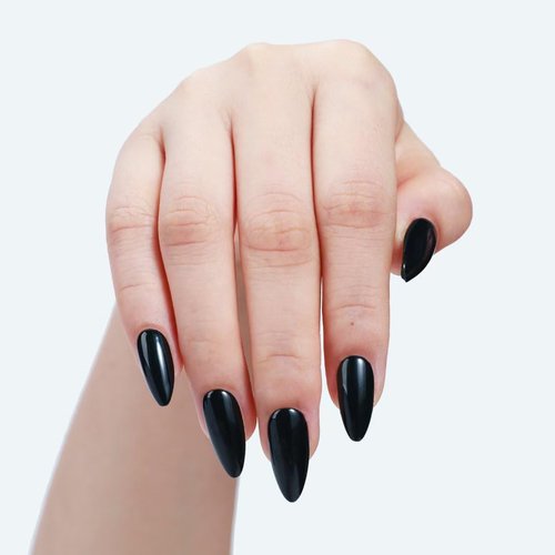 Rnker Press On Nails - Black, Almond Black Top gel Nails with Bright Finish, 15 Sizes - 30 Nail Kit with Glue