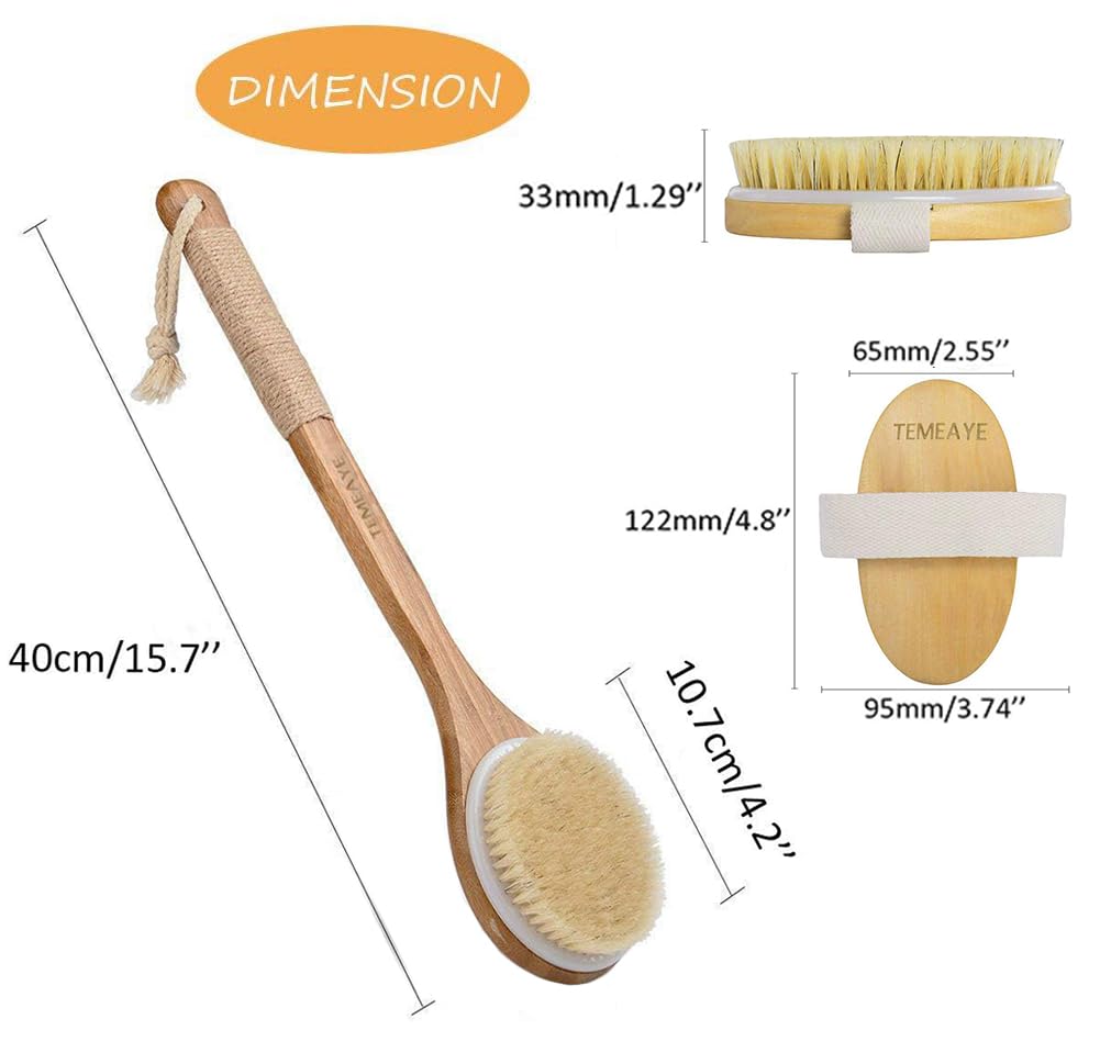 TEMEAYE Dry Brushing Body Brush, Wooden Handle, Natural Bristles, 2Pcs-Set