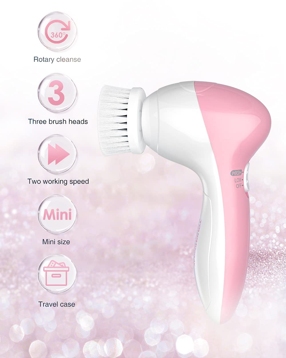 Electric Facial Cleansing Brush for Women, 3-in-1 Face Cleanser and Exfoliator Brush with 3 Brush Heads, 2 Speeds, Waterproof Spin Brush, Travel Size Case, Perfect for Valentine's Day (Pink)
