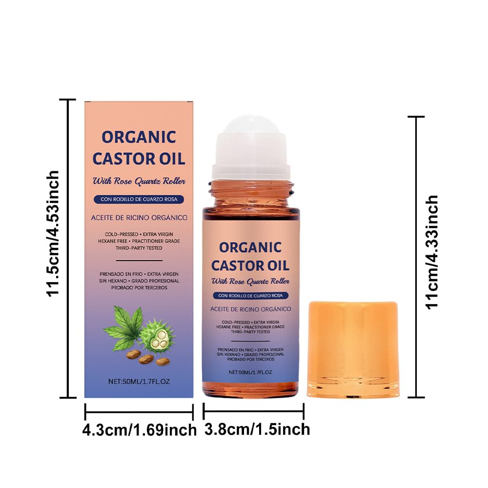 ROVIA 1 PCS Organic Castor Oil Roll On: 100% Cold Pressed Moisturizing Oil with Rose Quartz Roller - for Brows, Lashes, Dry Skin & Face, Travel Friendly Leakproof Roller Bottle (1)