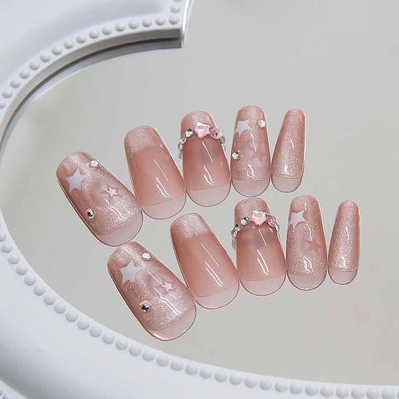 RikView Coffin Press on Nails Medium Fake Nails Nude Nails with Star Rhinestones Glossy Full Cover Nails for Women 24 PCs/Set