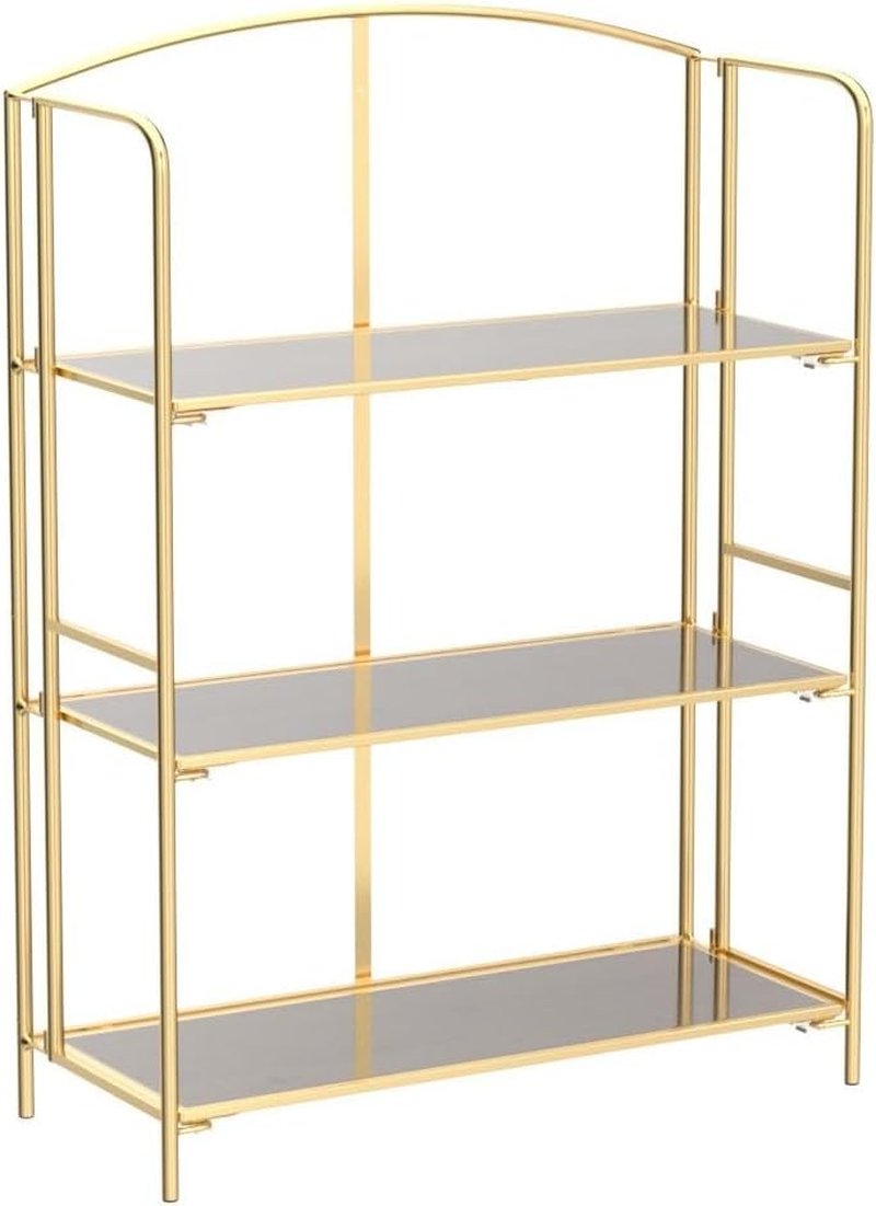 Crofy Folding Bookshelf - 3-Tier Gold Collapsible Bookcase for Living Room & Home Office Storage