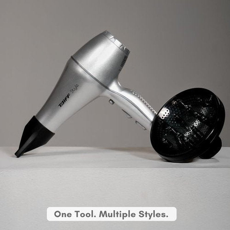 Taiff Style IonSense Professional Hair Dryer | 1875W Ionic Ceramic Blow Dryer with Diffuser | Lightweight Travel Friendly | Dual Voltage - Fast Drying | Silver