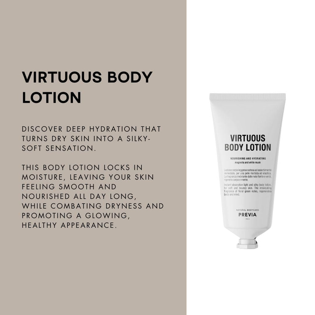 PREVIA Virtuous Body Lotion Nourishing & Hydrating Intensive Moisturizing Body Lotion with Natural Ingredients, Non-Greasy, Perfect for Dry & Sensitive Skin (3.38 fl oz)