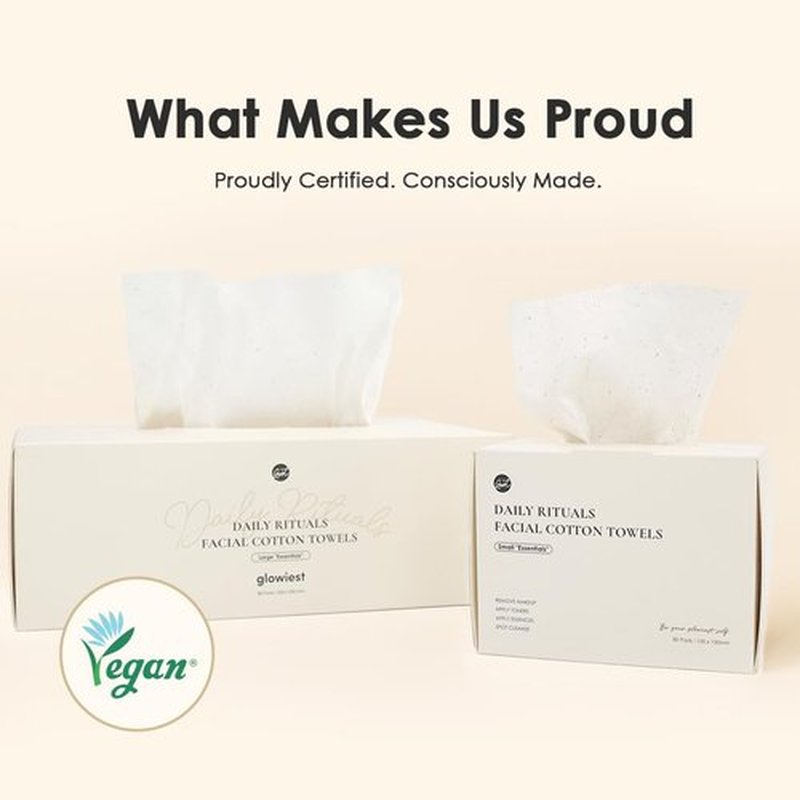 glowiest Daily Ritauls Facial Cotton Towels - Large Essentials, Biobased Face Towel, Disposable Face Towelette, Makeup Remover Dry Wipes, 1 Pack, 80 Ct