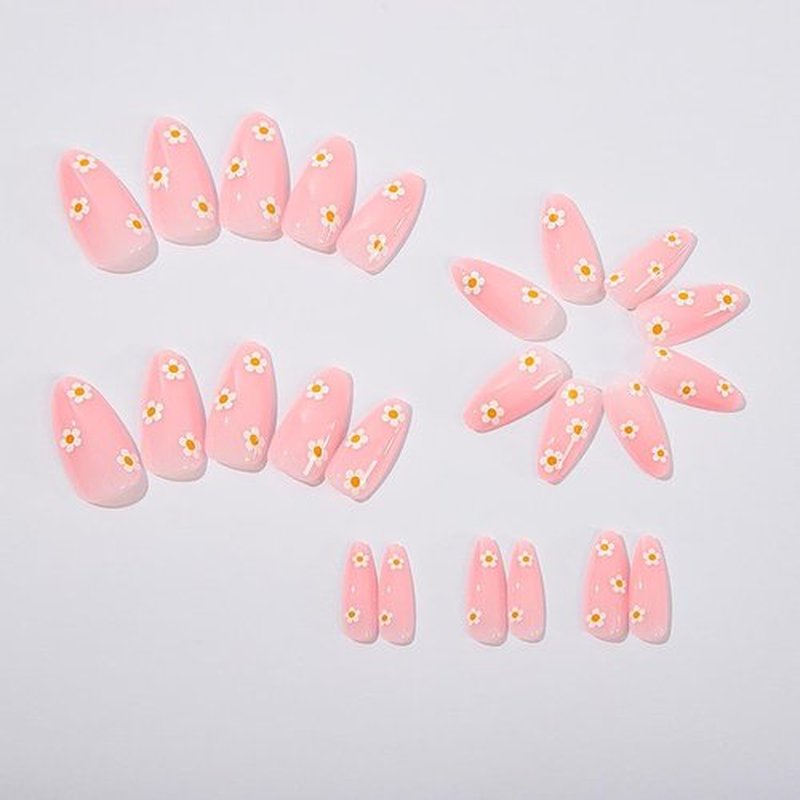 RikView Pink Press on Nails Medium Fake Nails with Daisy Design Almond Nails Glossy Full Cover Nails for Women 24 PCs/Set