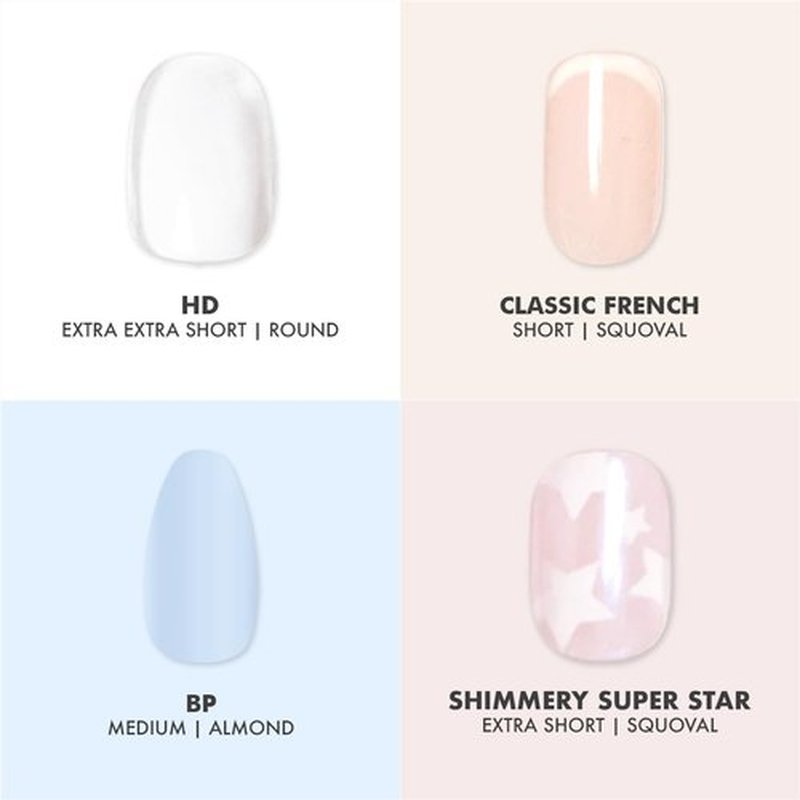 Olive & June Press-On Nail Bestsellers Kit - 4 Realistic Sets in HD Crisp White, Classic French, Shimmery Super Star & BP Icy Blue | Non-Damaging Glue, Up to 14-Day Wear