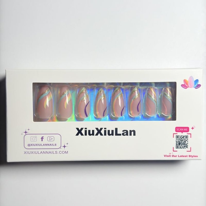 XIUXIULAN Press on Nails, rainbow ripple Pink Almond False Nails, 12 Size Glossy Soft Gel 24 Pcs