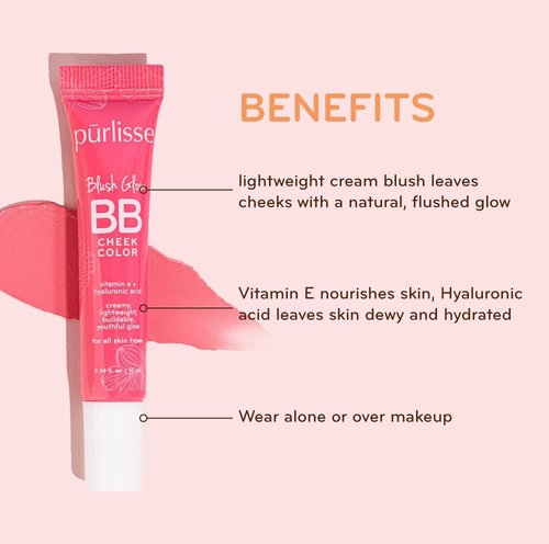 pūrlisse Blush Glow BB Cheek Color - Dewy Liquid Blush for Cheeks - Enriched with Vitamin E & Hyaluronic Acid - Creamy, Lightweight & Buildable - Hydrating & Nourishing - Cool Mauve (0.34 Fl oz)
