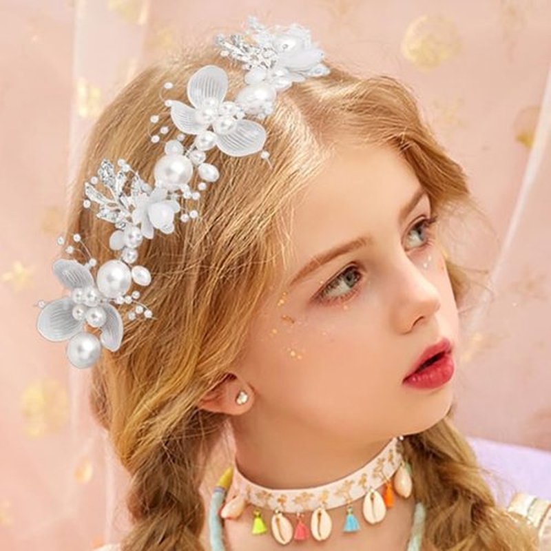 Campsis Flower Girl Headpiece Silver Princess Wedding Headband Girls Flower Pearl Hair Accessories for Birthday Party, Photography