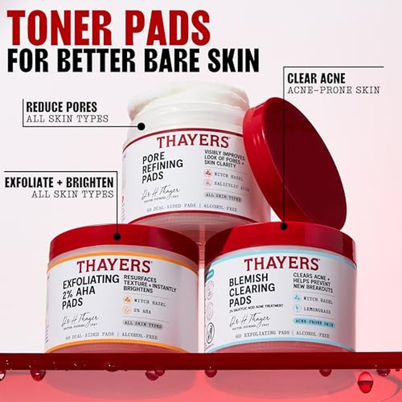 Thayers Exfoliating 2% AHA Toner Pads, Dual-Sided Exfoliating Pads with Witch Hazel, Glycolic Acid and Lactic Acid to Resurface Skin Texture and Instantly Brighten, For All Skin Types, 60 Count