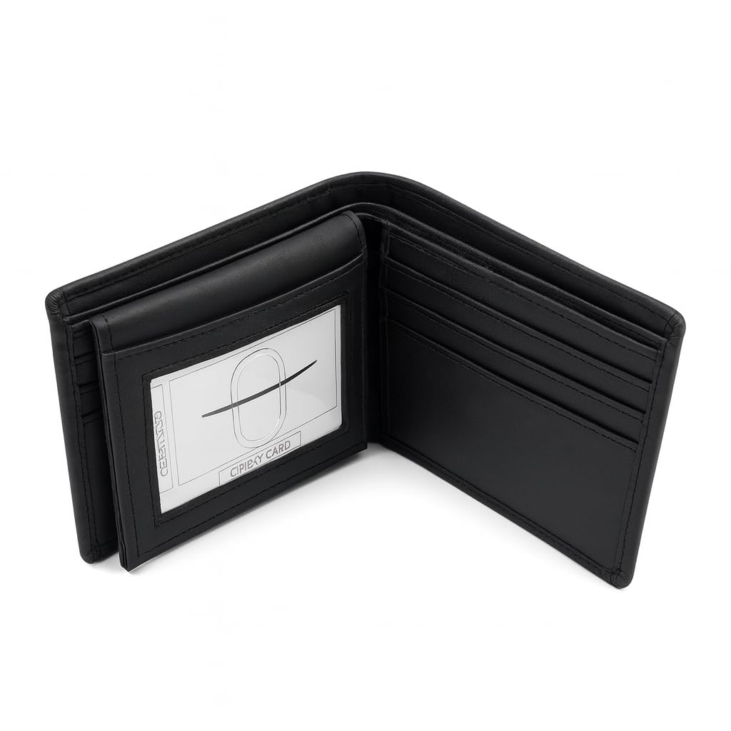 CestAntiQ Full Grain Leather RFID Blocking Bifold Wallet for Men with Guitar Pick Holder, Slim Leather Billfold, Classic Gift Wallet (Pass Case Wallet, Black)