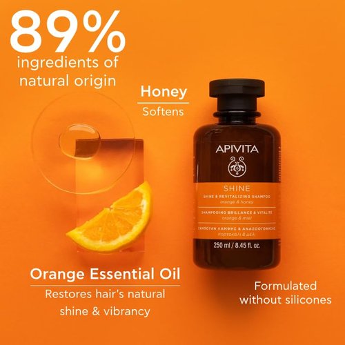 Apivita Shine Shampoo - Revitalizing Formula with Orange & Honey, Silicone-Free | 250 mL / 8.45 oz