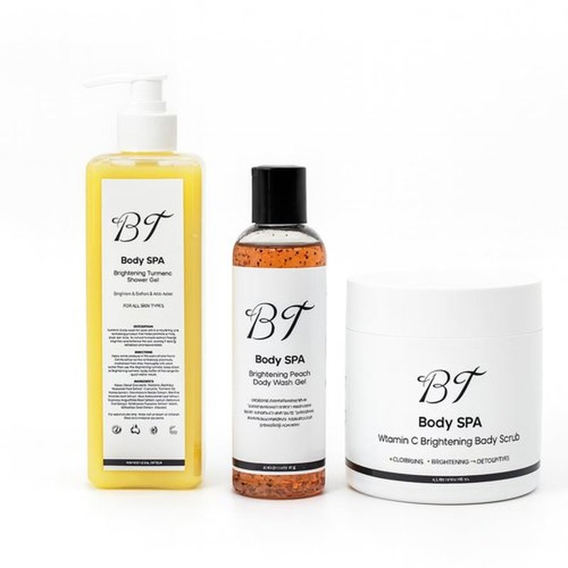 BT Body Spa Exfoliating Body Care Set - Vitamin C Scrub, Peach & Turmeric Gel Wash for Radiant Skin