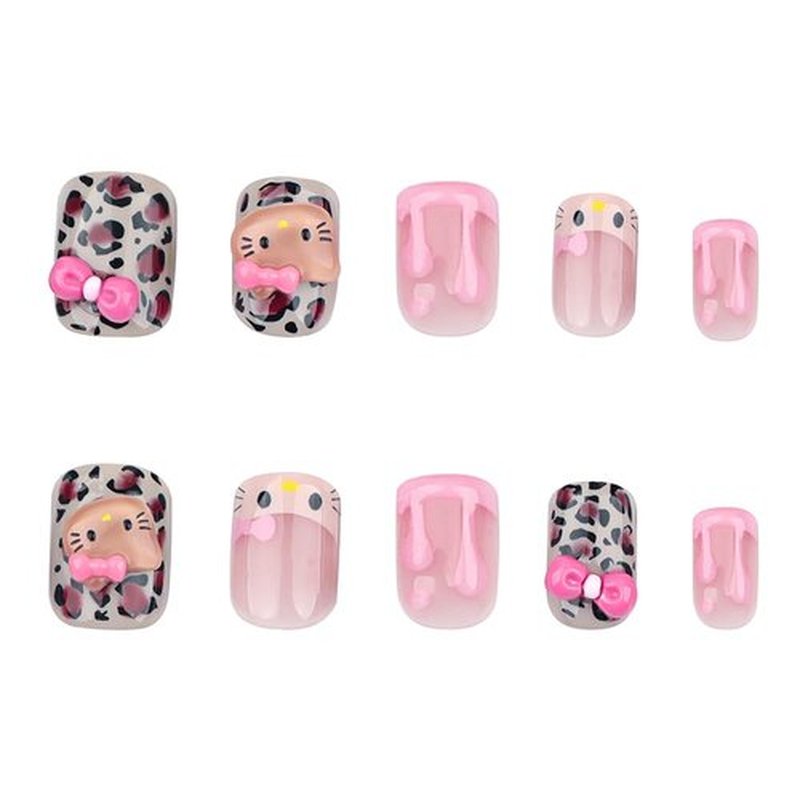 24Pcs Cute Cat Nail Charms Press on Nails Short Square Nails Pink French Tip Fake Nails with Glue Full Cover Reusable Acrylic Nails Supply Cartoon False Nails Stick on Nails for Women Girls
